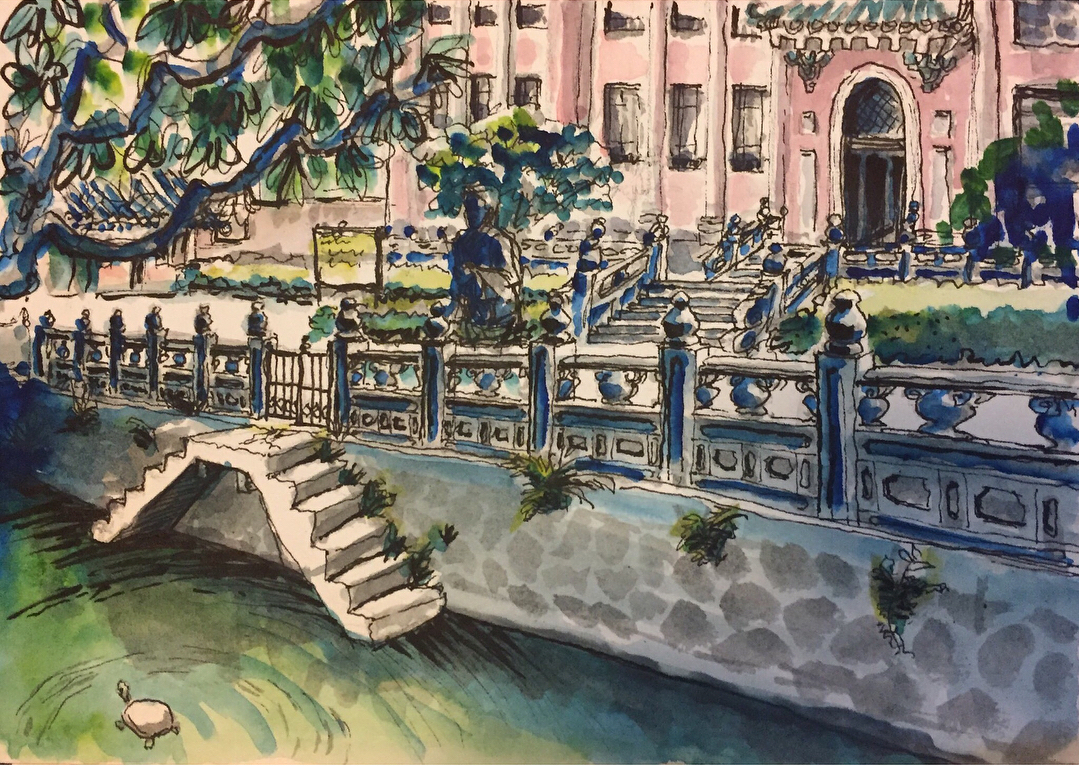 a turtle in front of the library - urban sketch guangzhou