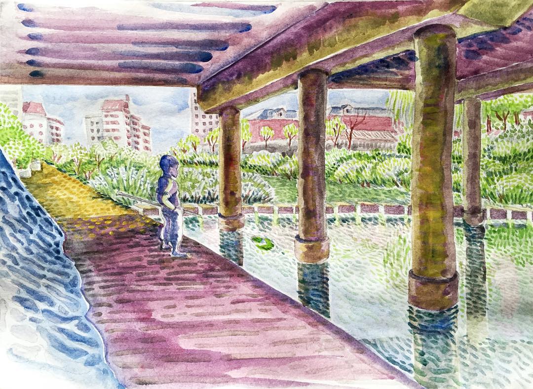 fishing under a bridge - urban sketch beijing