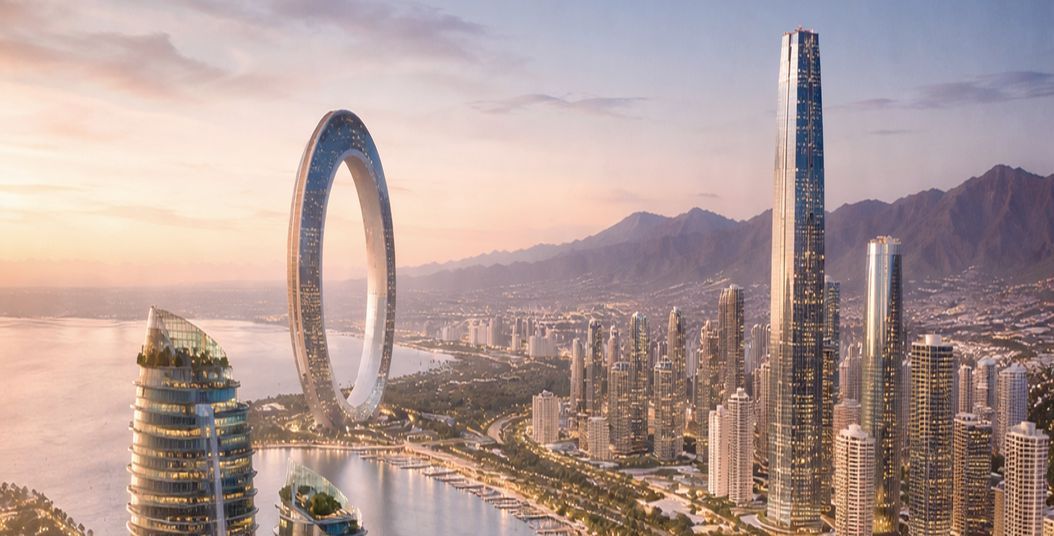 Futuristic cityscape at sunset featuring a large circular skyscraper, tall modern buildings, waterfront, and mountains in the background.