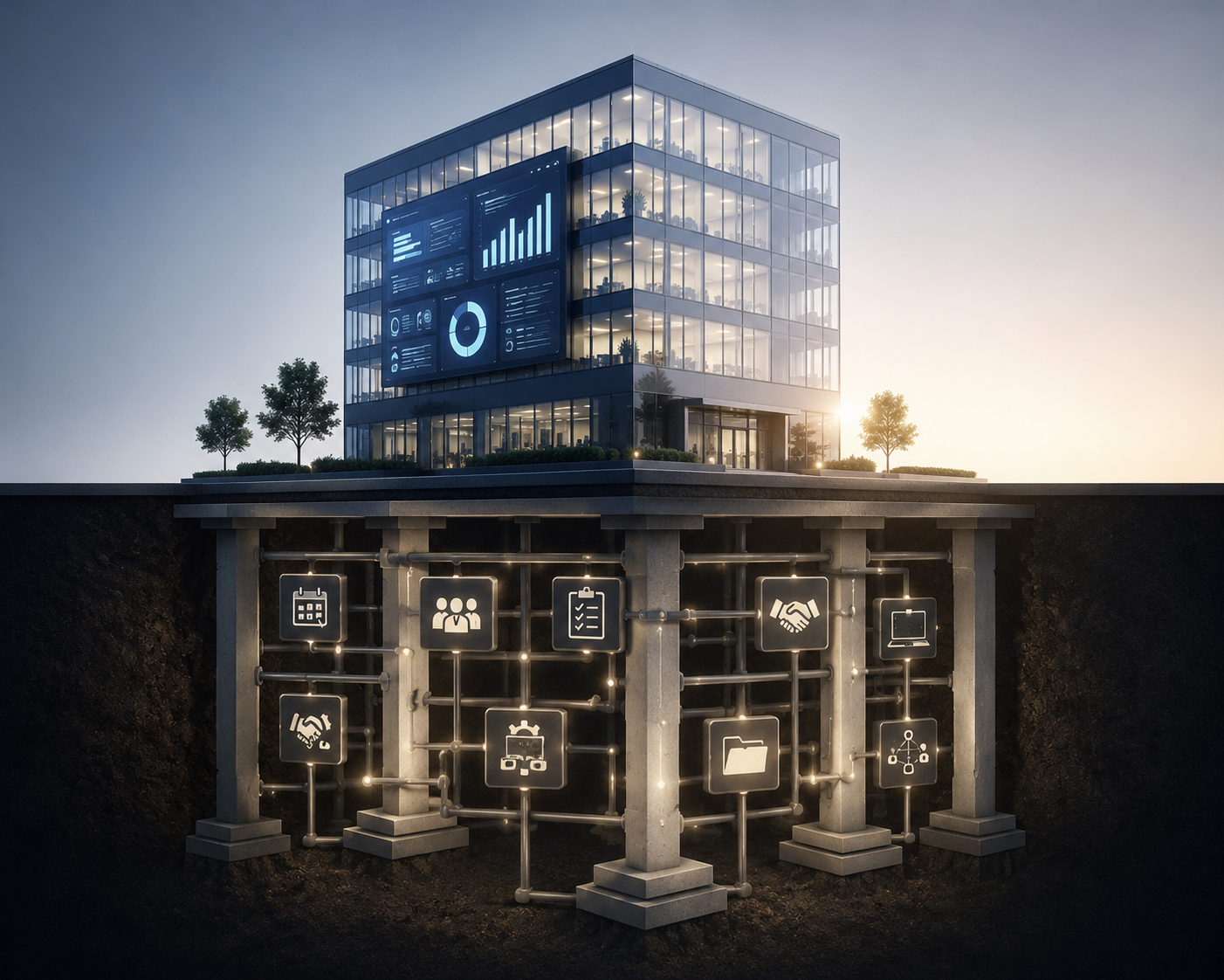 Modern office building with digital dashboards above underground flowchart of business icons and connections.