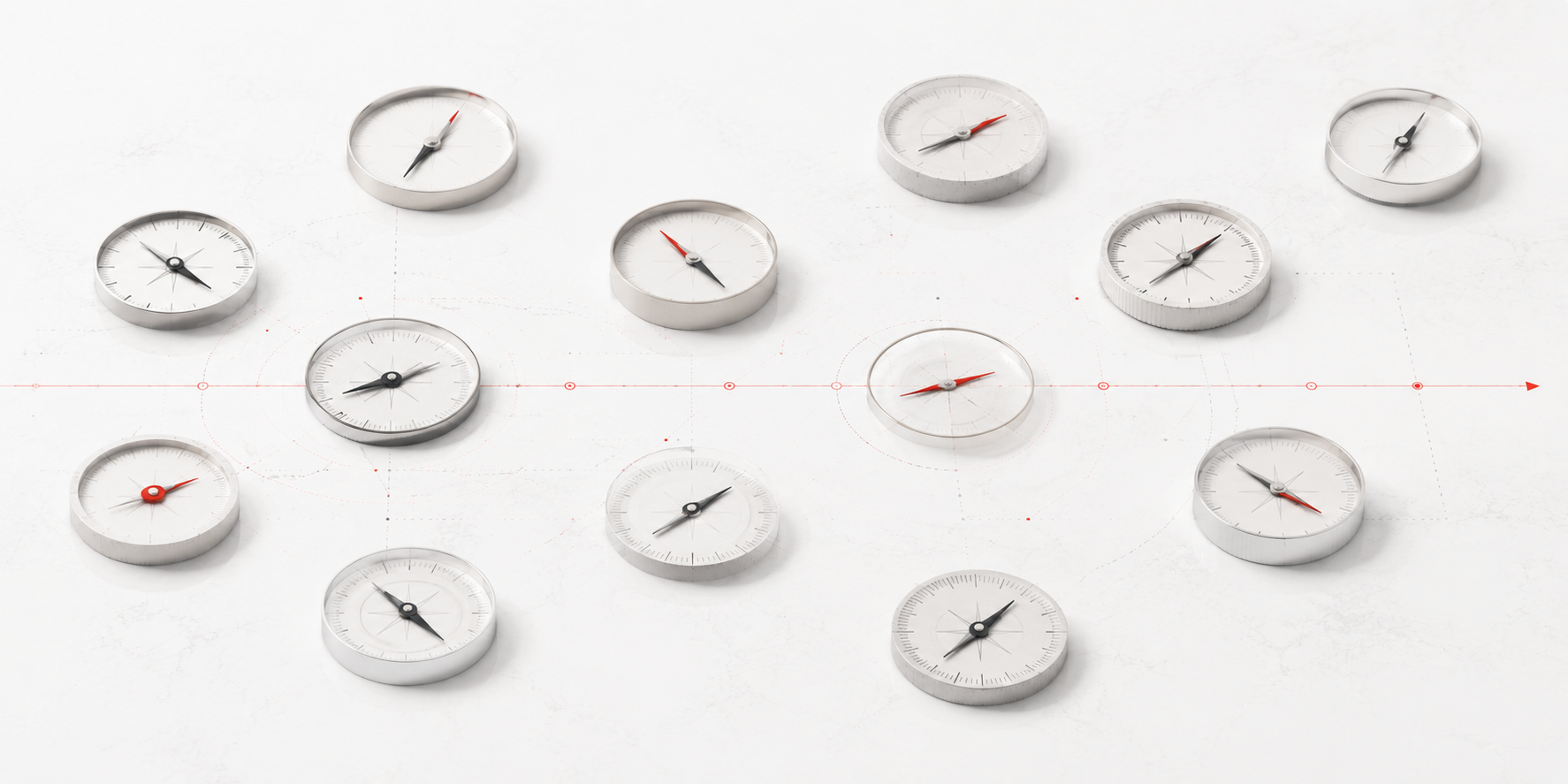 Multiple silver compasses with red and black needles arranged on a white surface with a red horizontal line.