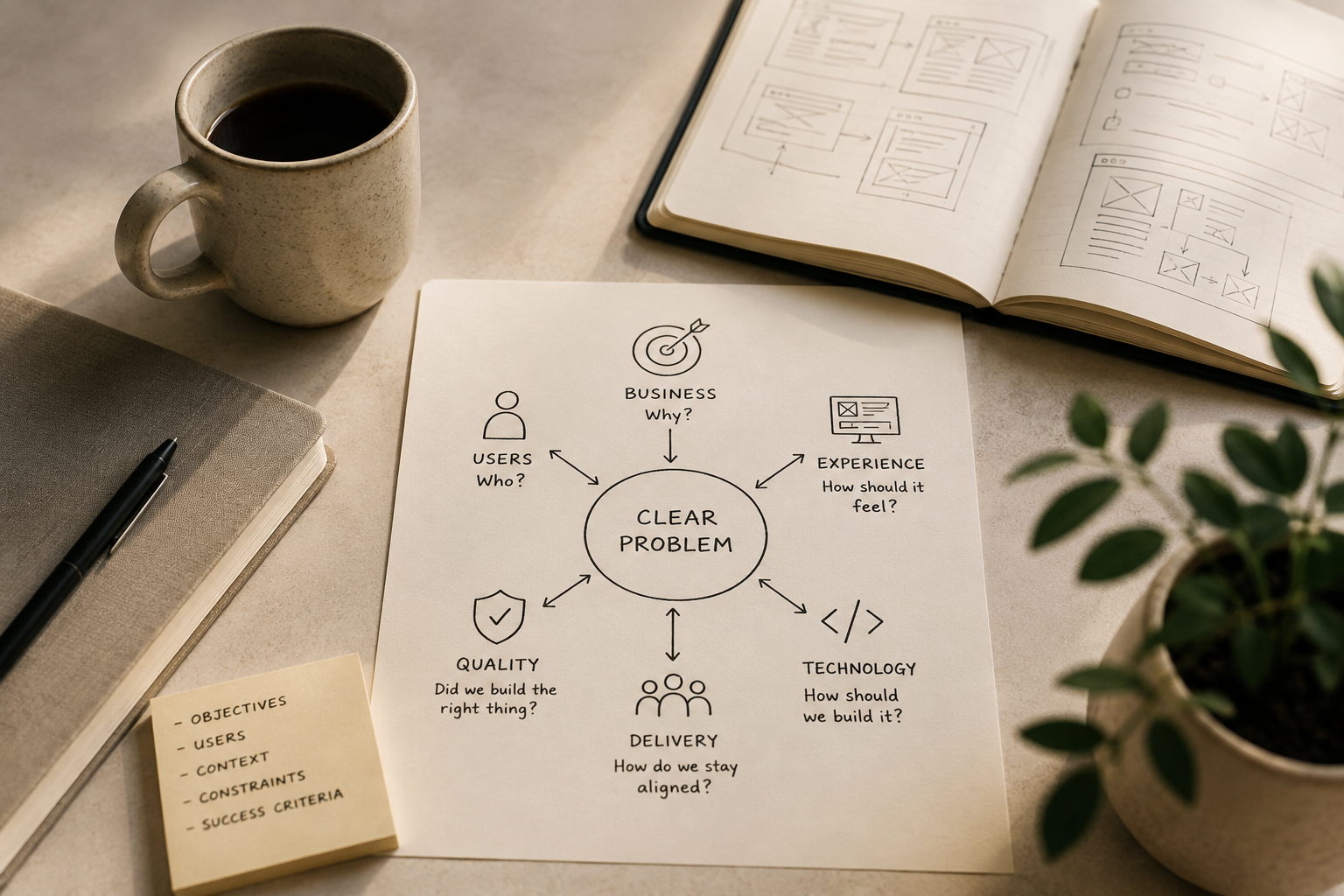 Diagram on paper showing Clear Problem with related elements: Business, Users, Experience, Quality, Delivery, Technology.