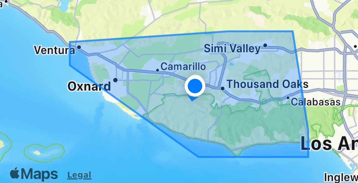 Map showing the areas CA Bright Choice services, these regions being including Ventura, Oxnard, Camarillo, Simi Valley, Thousand Oaks, and Calabasas in Southern California with a blue location marker near the center.