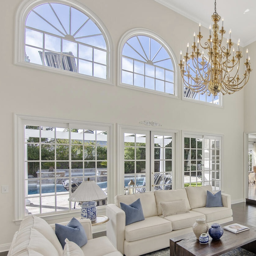 Residential window cleaning featuring  freshly cleaned french windows