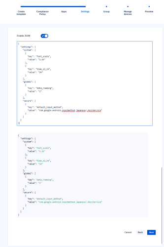 Esper provisioning template, adding JSON settings