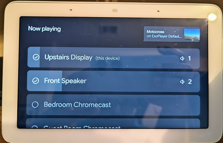 After picking a second cast target, my Nest Hub (1st Gen) showed that playback was occurring on two devices.