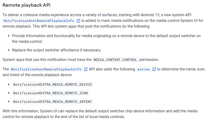 Snippet from the AOSP doc “Media Controls in SystemUI” outlining the new remote playback system API in Android 13.