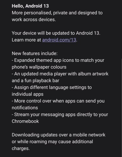 Android 13 message for updates and new features