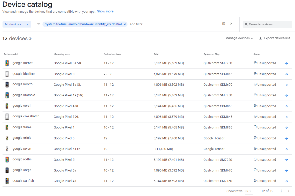 Android device catalog