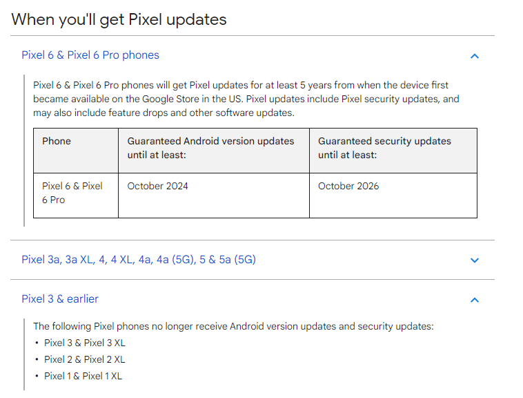 Google's support page showing software update guarantees for Pixel phones