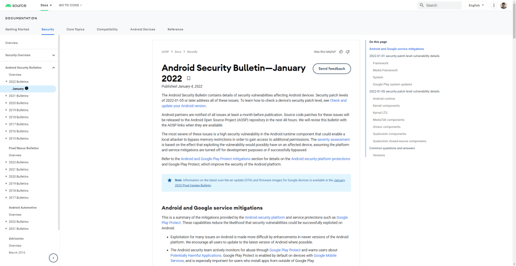 Android Security Bulletin for January 2022