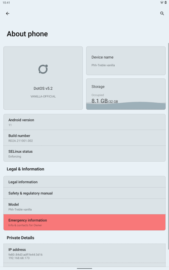 Screenshots of the Settings > About Phone screen from 7 different GSIs I booted on the Lenovo Tab K10