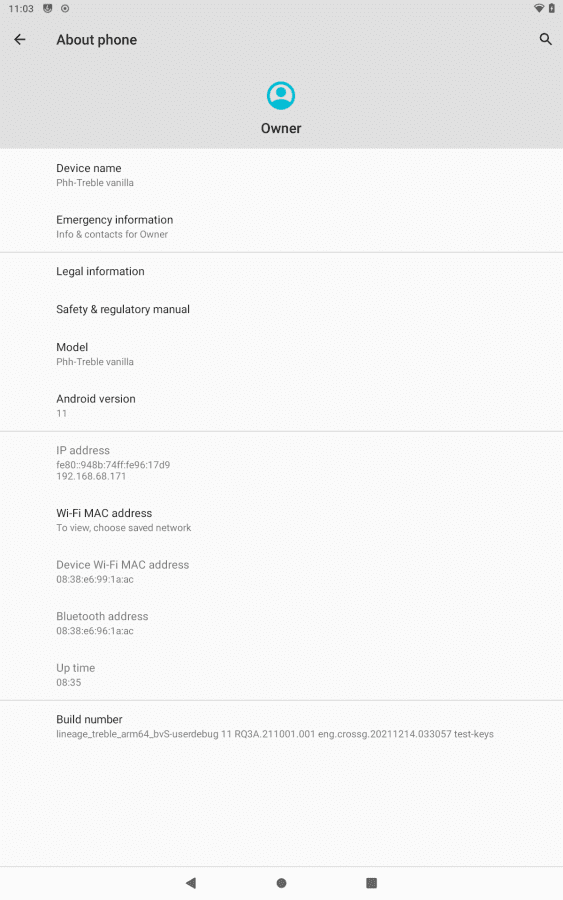 Screenshots of the Settings > About Phone screen from 7 different GSIs I booted on the Lenovo Tab K10