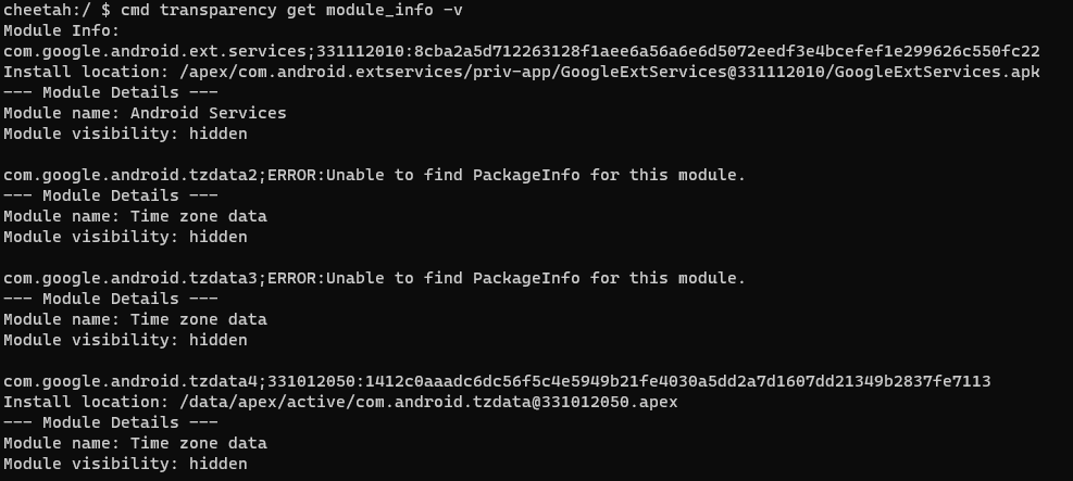 Using Android CLI to see installed Mainline modules on a device