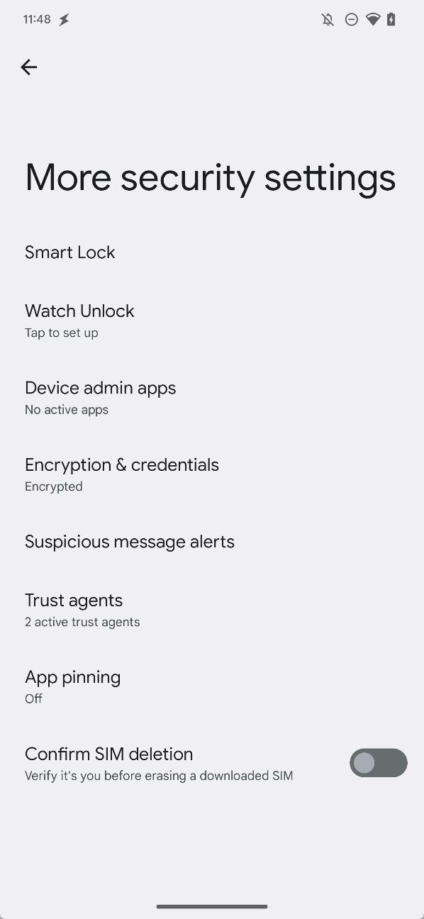 More security settings screen