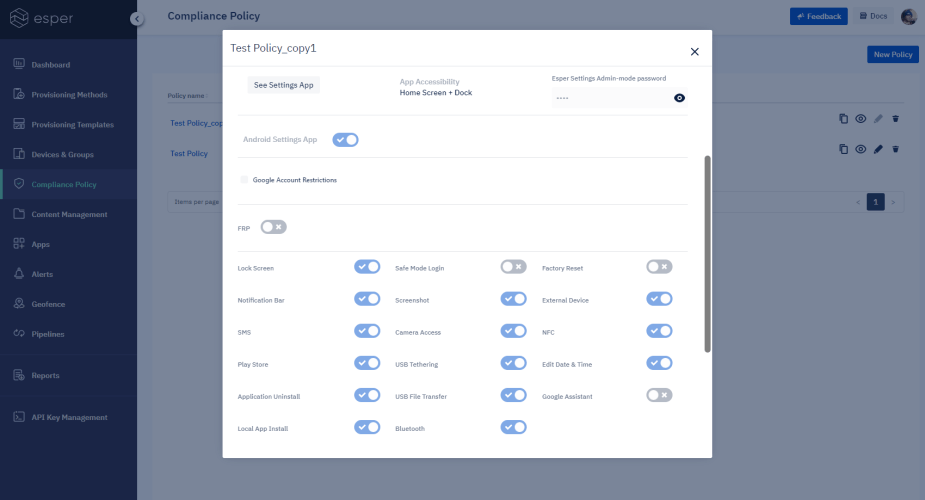 Compliance policy screen