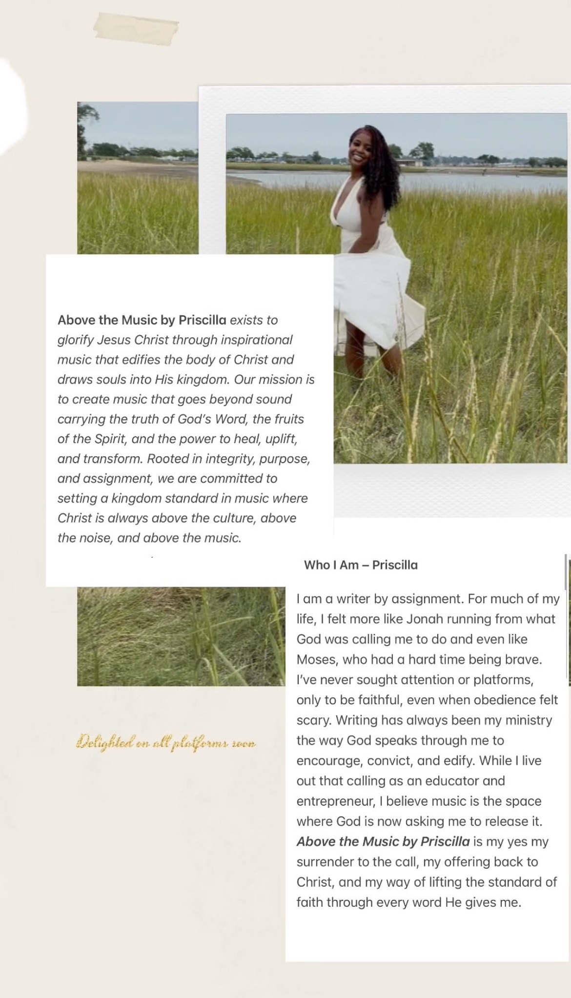 A woman in a white dress standing and smiling in a grassy field near water, beside text describing 'Above the Music by Priscilla' mission to glorify Jesus Christ through inspirational music and a personal statement from Priscilla about her calling as a writer and musician.