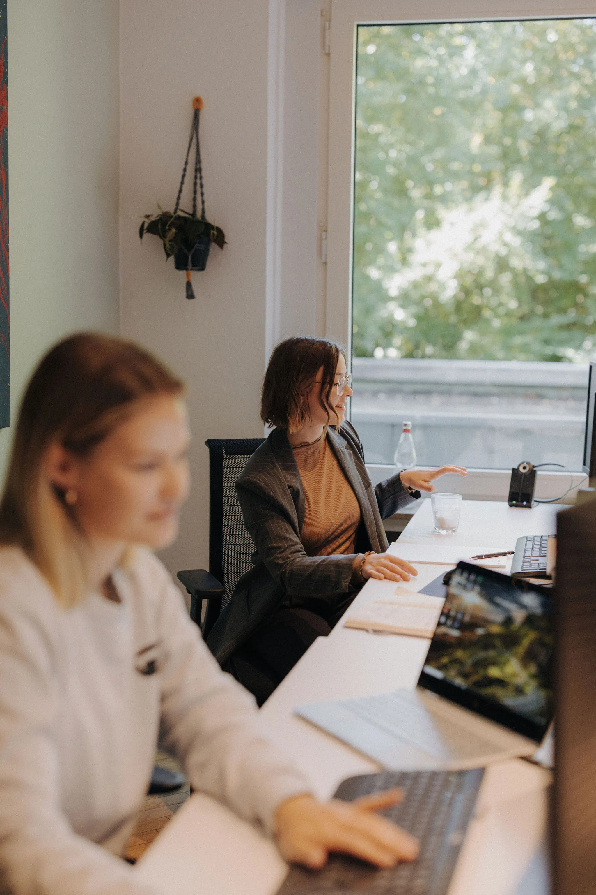 Zwei Frauen arbeiten an Schreibtischen mit Laptops in einem hellen Büro mit Blick auf grüne Bäume durch ein Fenster.