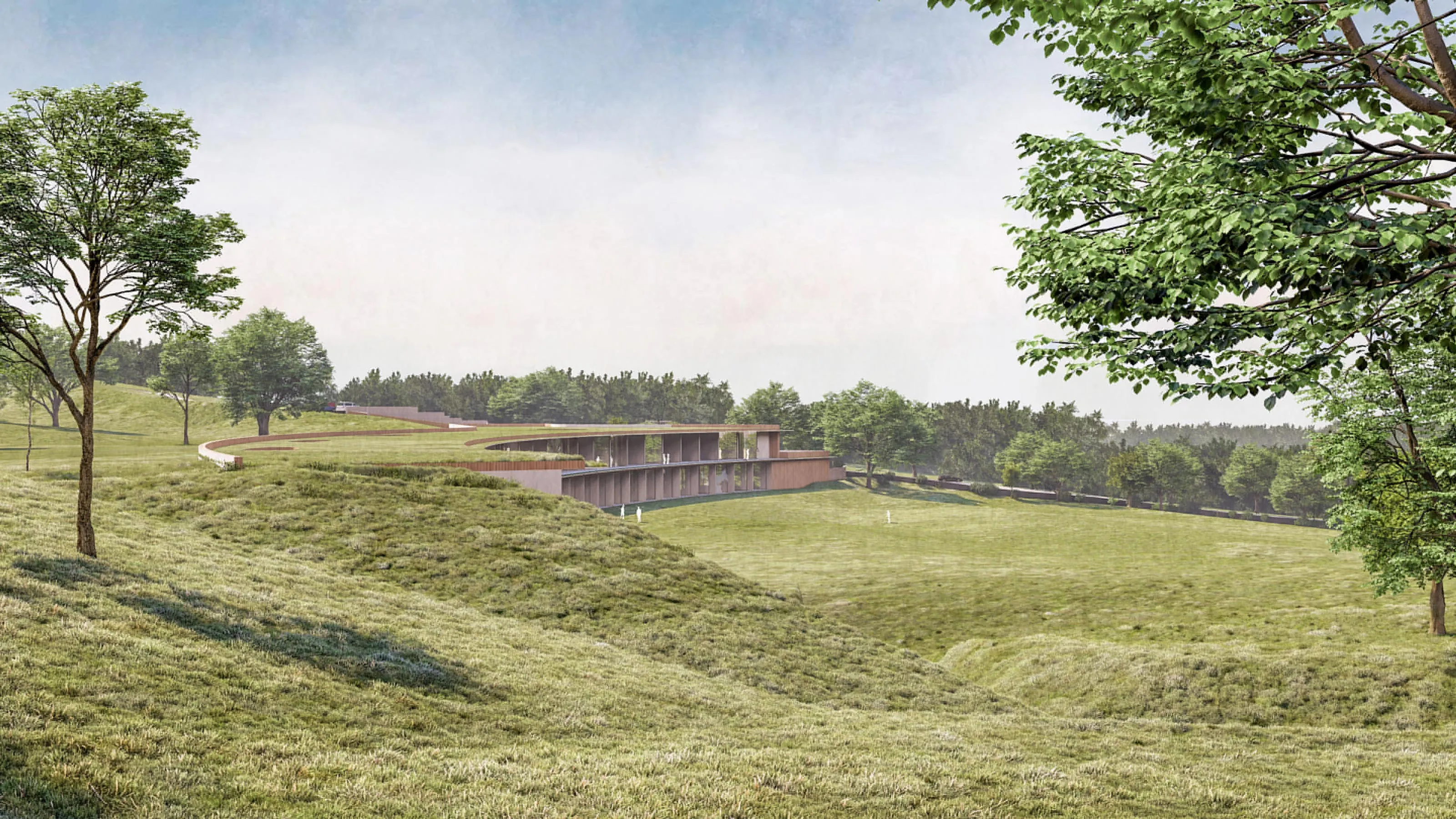 Modernes flach gebautes Gebäude mit großen Fenstern in einer weiten grünen Landschaft mit Bäumen und Hügeln.