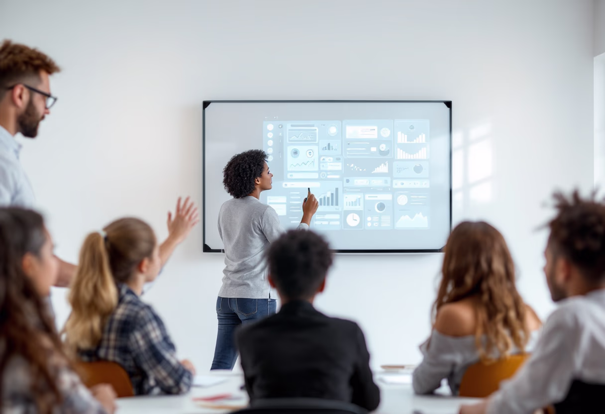 image of a teacher interacting with students using digital tools