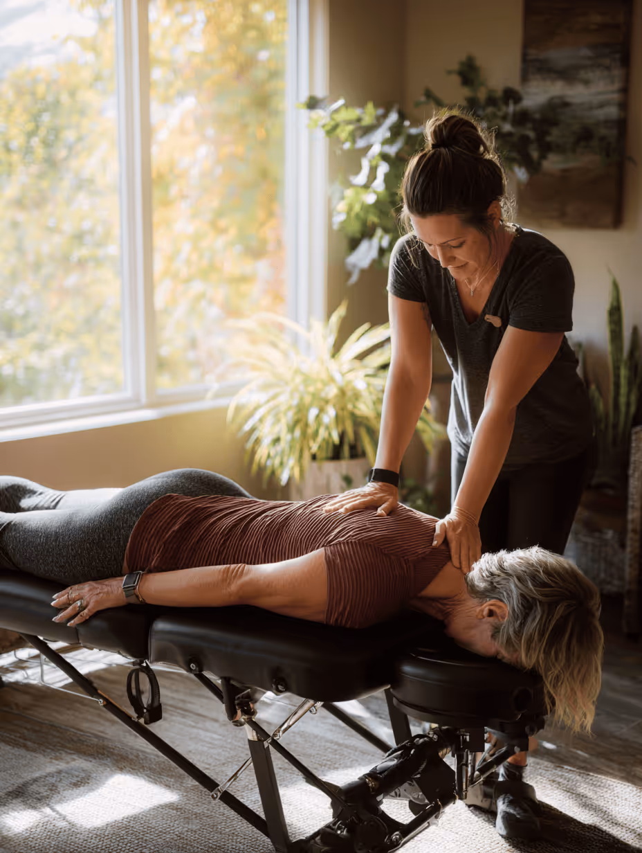 Chiropractor applying pressure to upper back of a woman lying face down on a treatment table in a well-lit room.