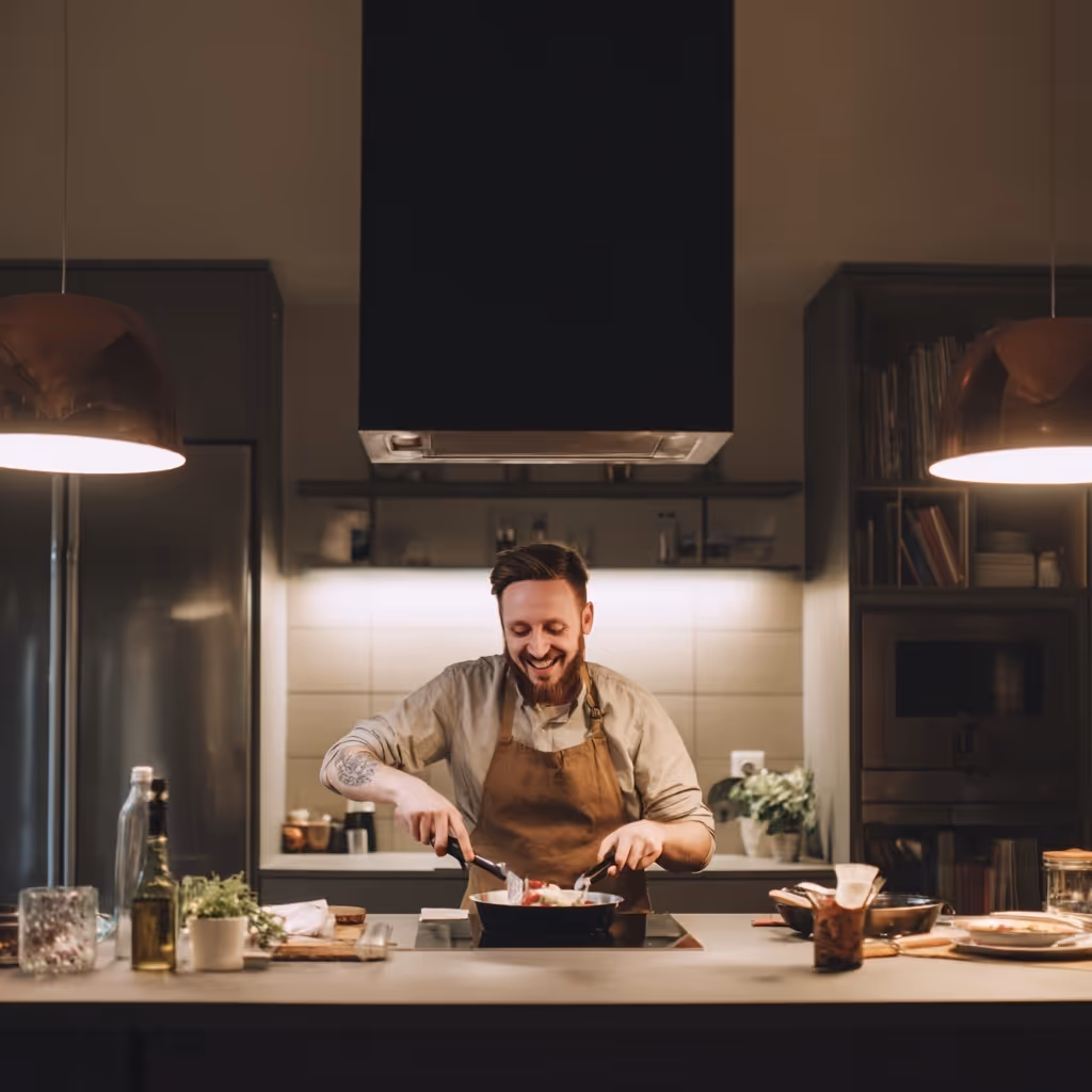 Smiling man wearing apron cooking in modern kitchen under hanging copper lamps.