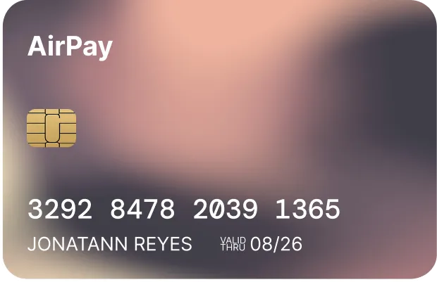 AirPay credit card with chip, card number 3292 8478 2039 1365, cardholder name Jonatann Reyes, and expiration date 08/26.