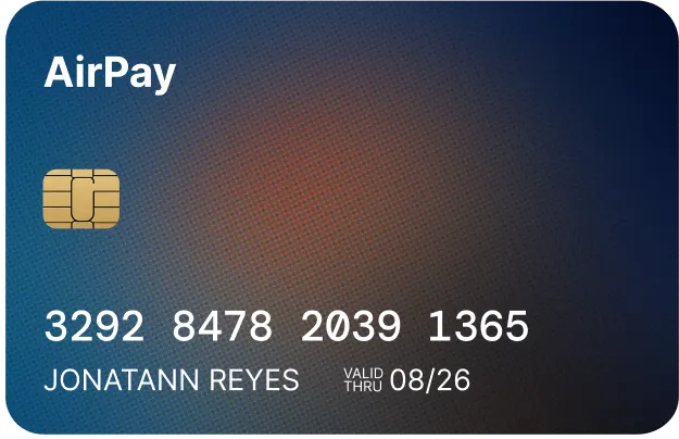 AirPay credit card with chip, number 3292 8478 2039 1365, cardholder name Jonatann Reyes, valid through 08/26.