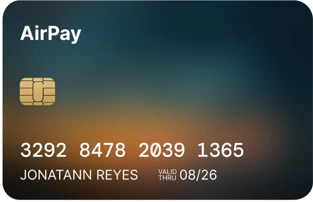 AirPay credit card with chip, card number 3292 8478 2039 1365, cardholder name Jonatann Reyes, valid through 08/26.
