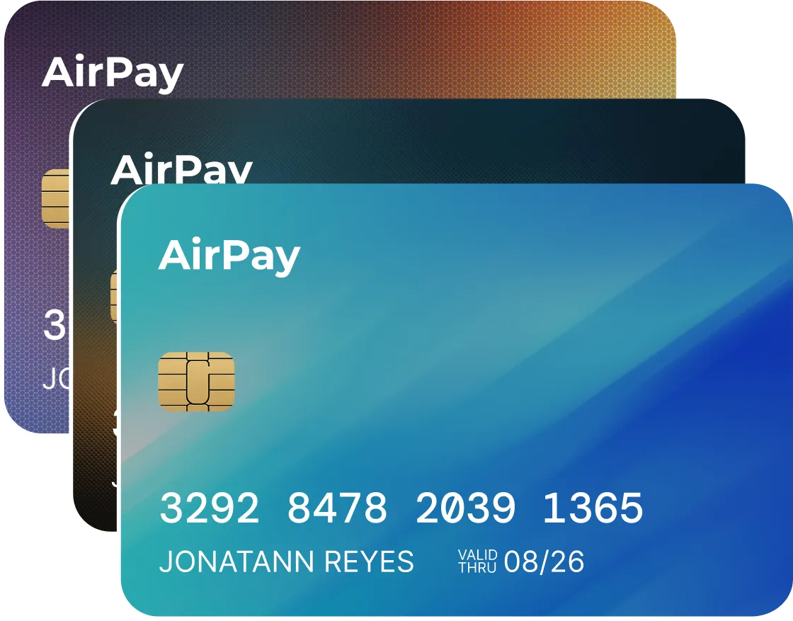 Three credit cards with the airpay logo on them.