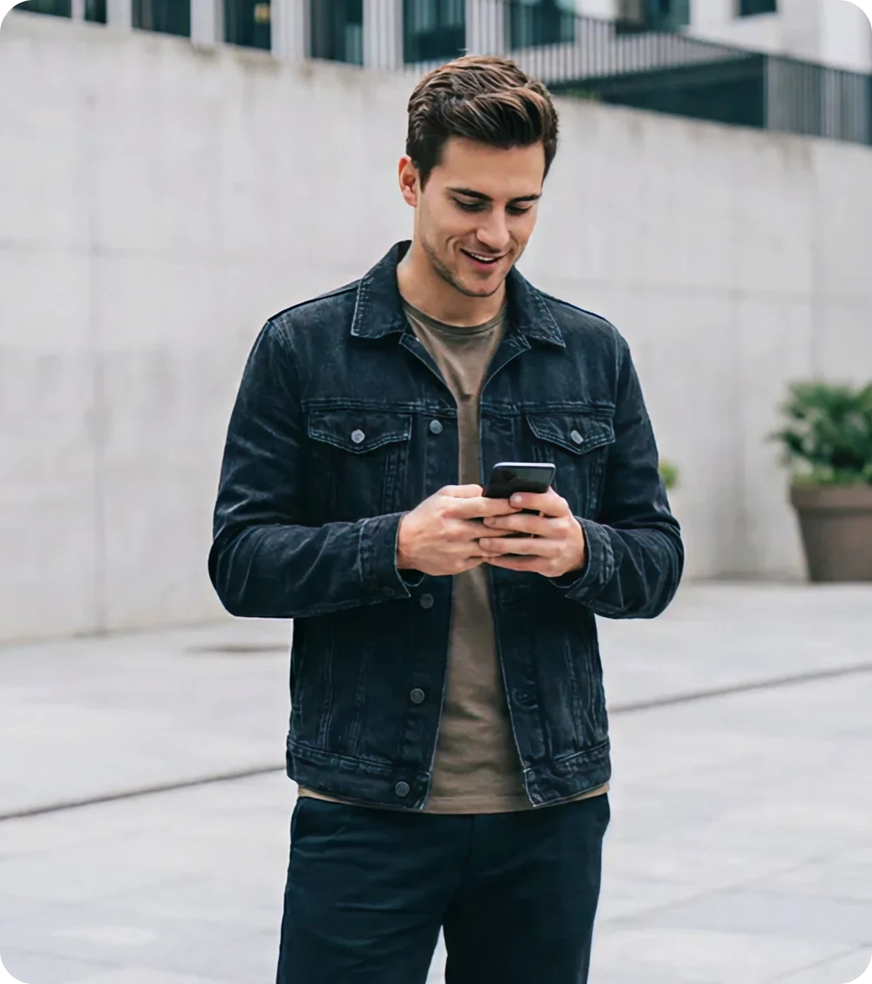 A man in a denim jacket looking at his cell phone.