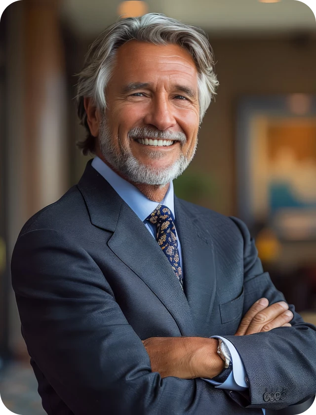 A man in a suit and tie with his arms crossed.