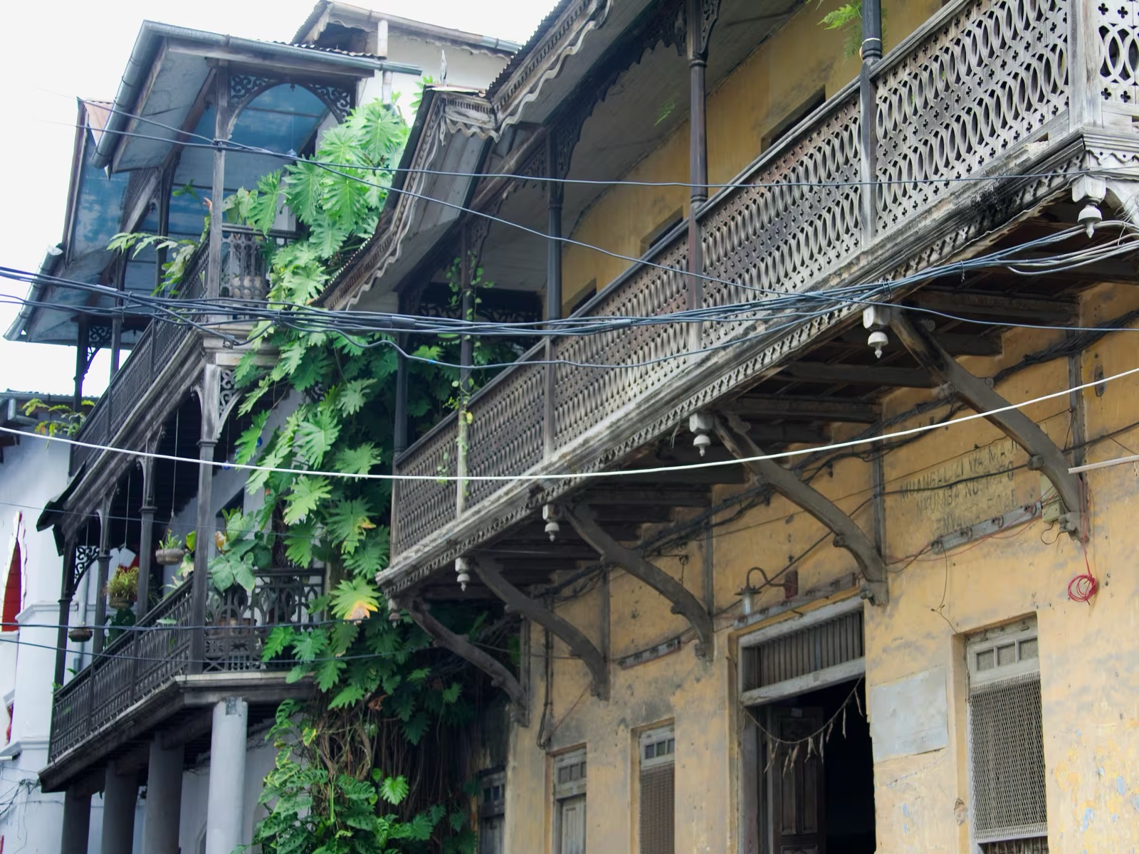 Carved wooden balconies on old houses in Stone Town, Zanzibar