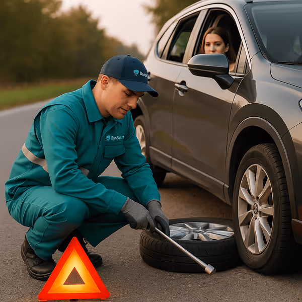 Mechanic in green uniform changing a flat tire on a gray car with a warning triangle placed on the road.