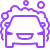 Purple line icon of a car with bubbles and sparkles representing car detailing or cleaning service.