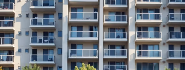 Exterior view of a multi-story apartment building with glass balcony railings and several balconies.