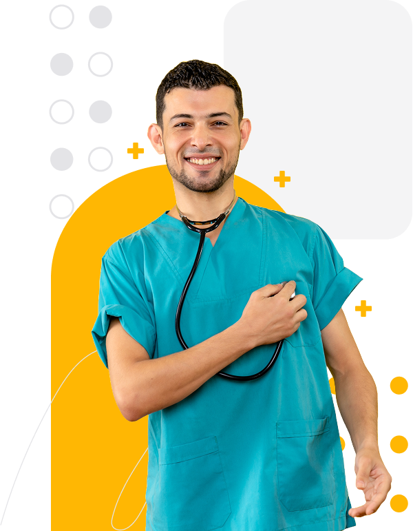 A nursing specialist with a stethoscope with his hand.