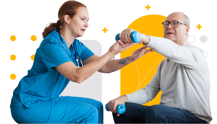 A nurse providing assistance to an elderly man with his physical fitness.