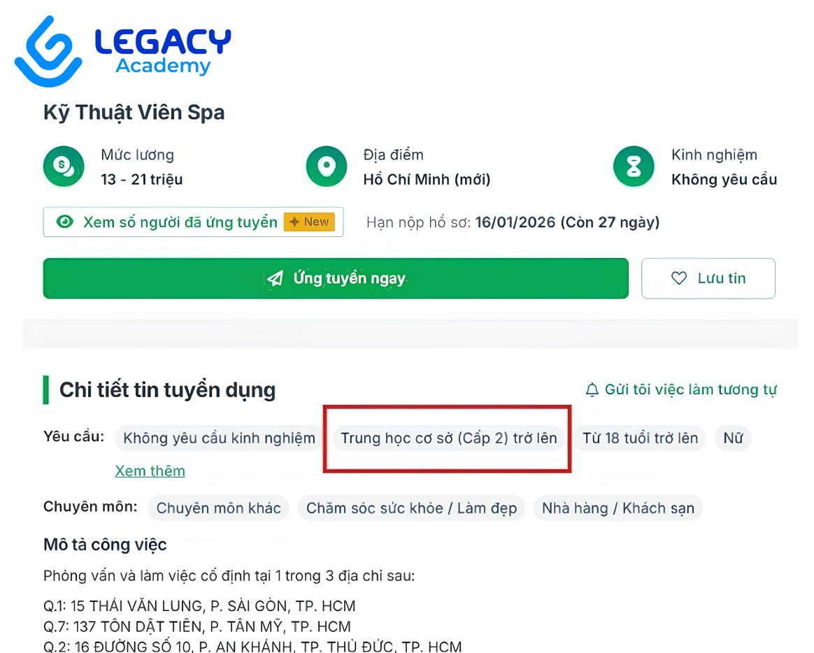 Các job tuyển dụng kỹ thuật viên Spa