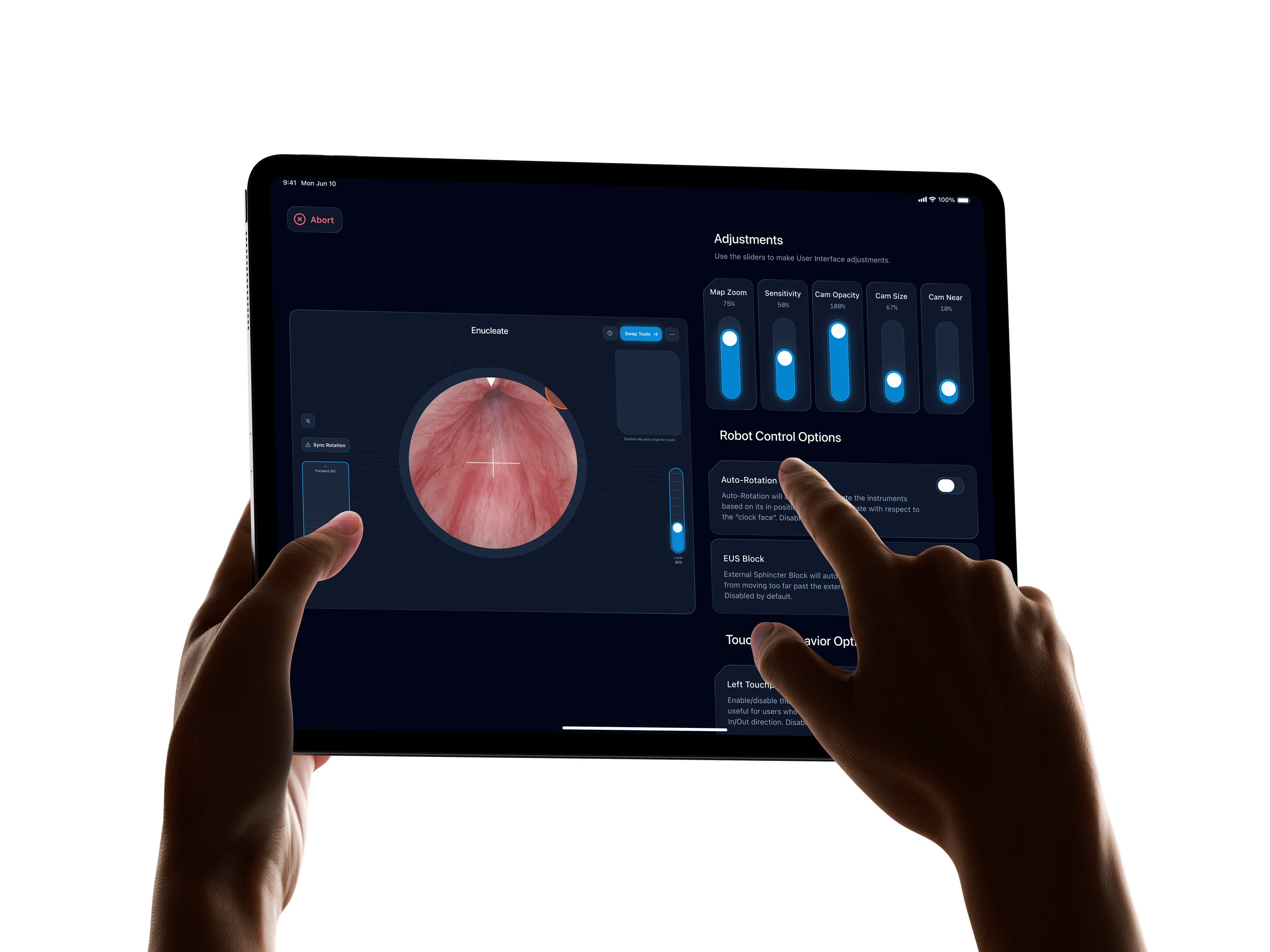 Hands operating Andromeda Surgical AI navigation interface on an iPad screen during robotic procedure simulation.