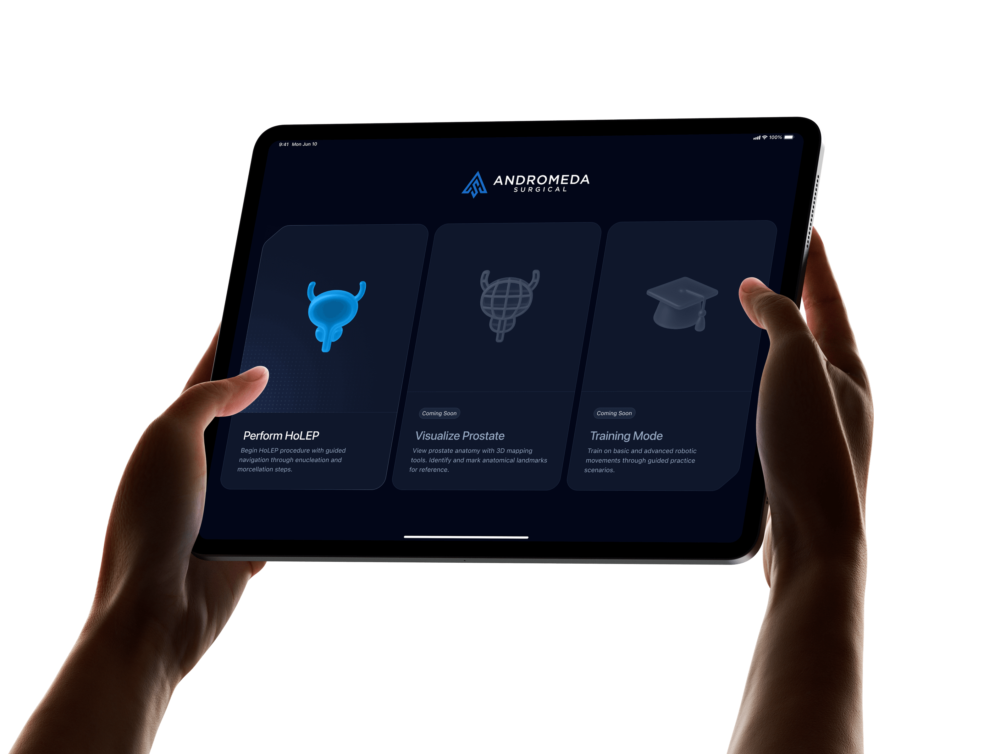 Hands holding an iPad displaying Andromeda Surgical AI interface with options for HoLEP procedure, prostate visualization, and training mode.