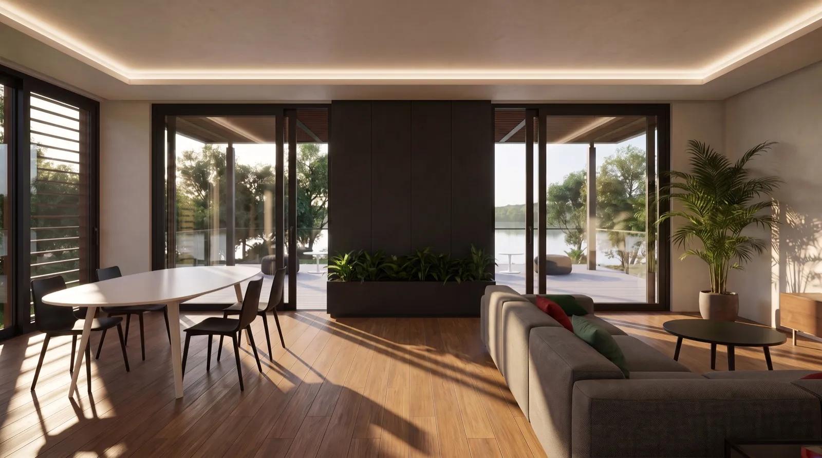 Villa 1 living and dining room opening to the terrace
