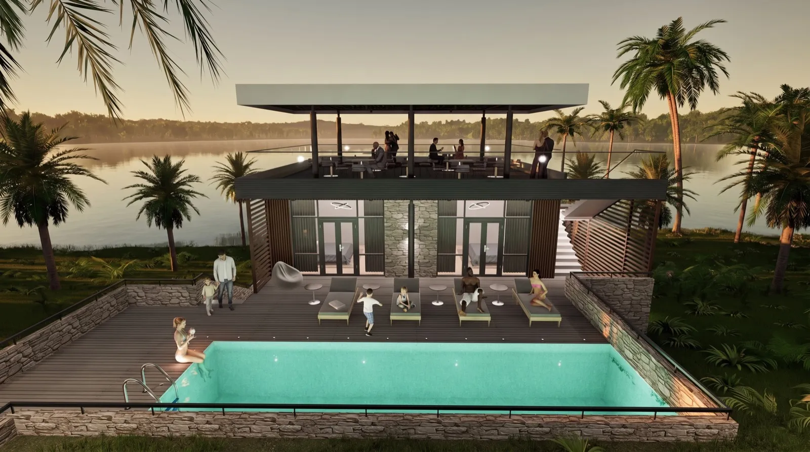 Villa 1 exterior at sunset