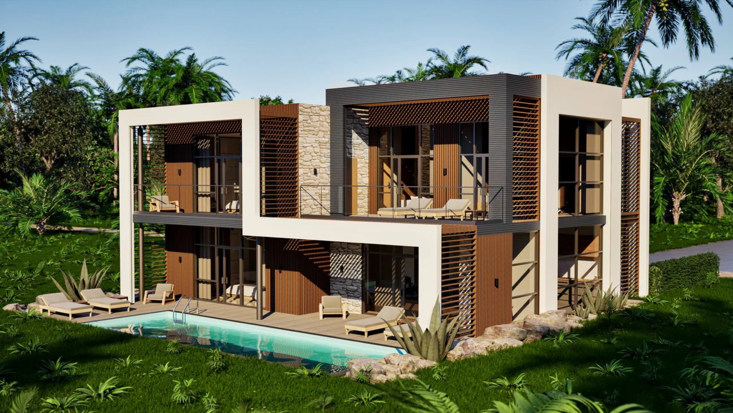 Sathuta (Villa 2.1 Family) seen from across the pool in daylight