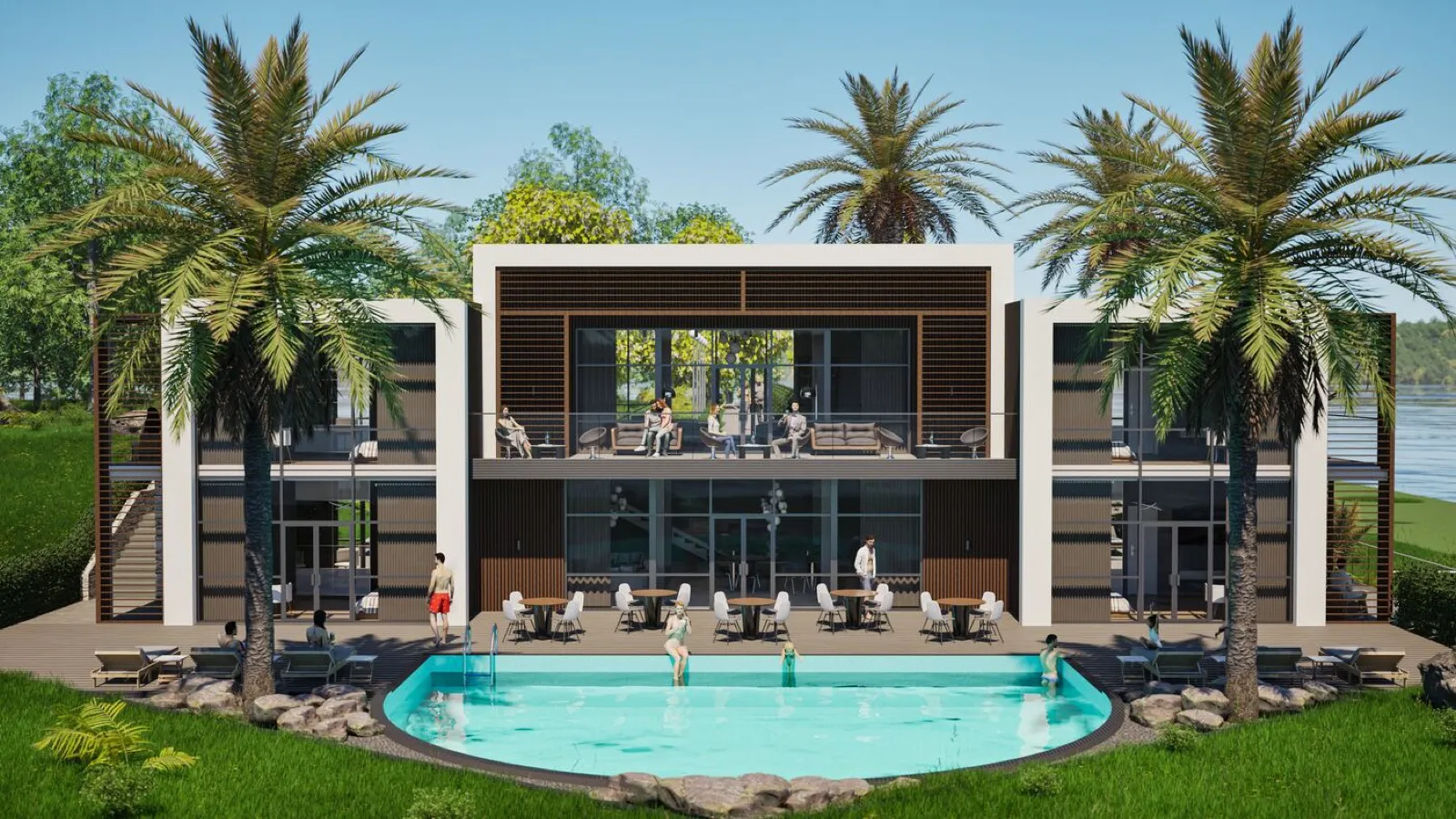 Villa 3 frontal daylight view across the pool