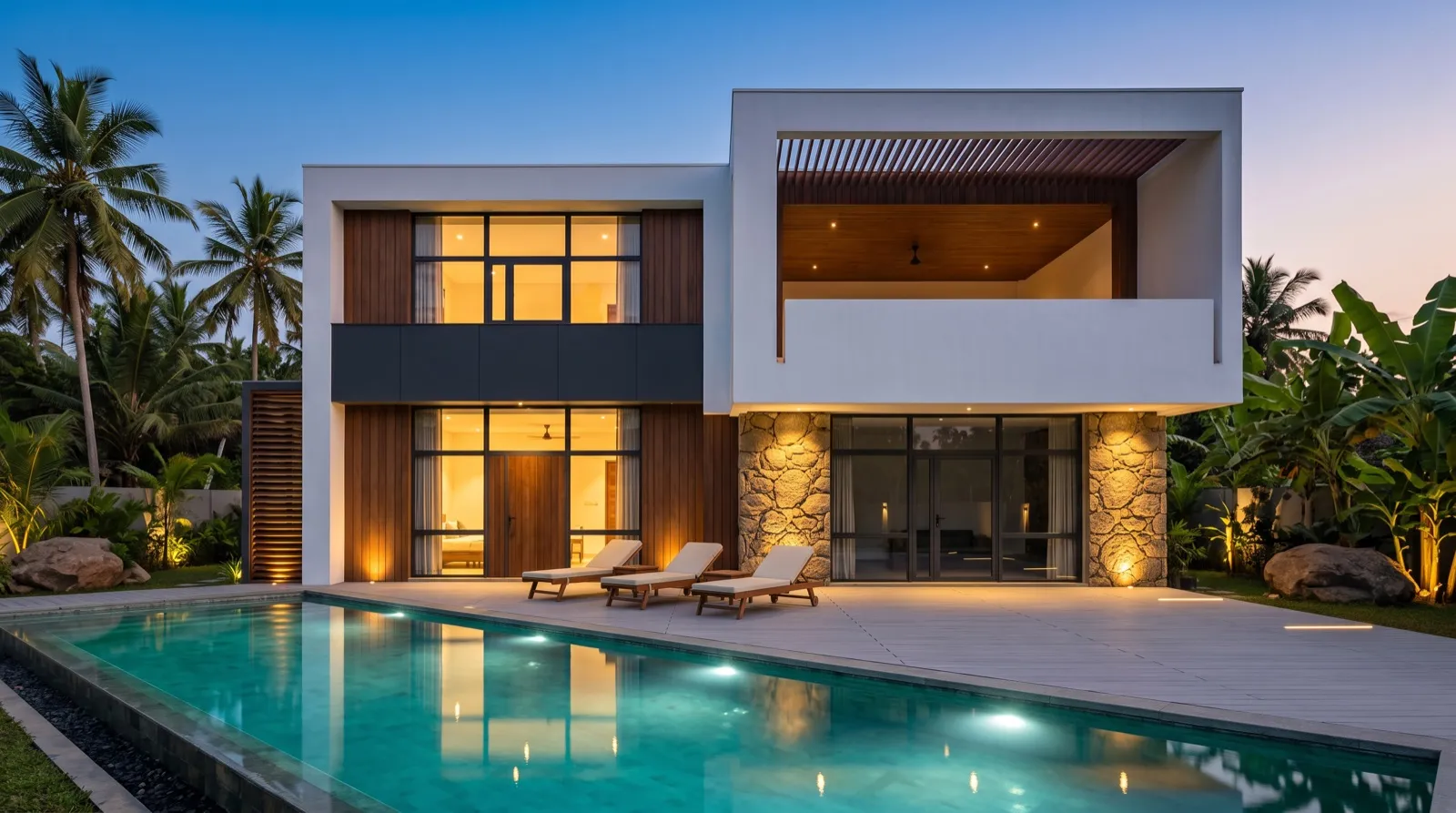 Villa 2.2 at blue hour with turquoise pool lighting