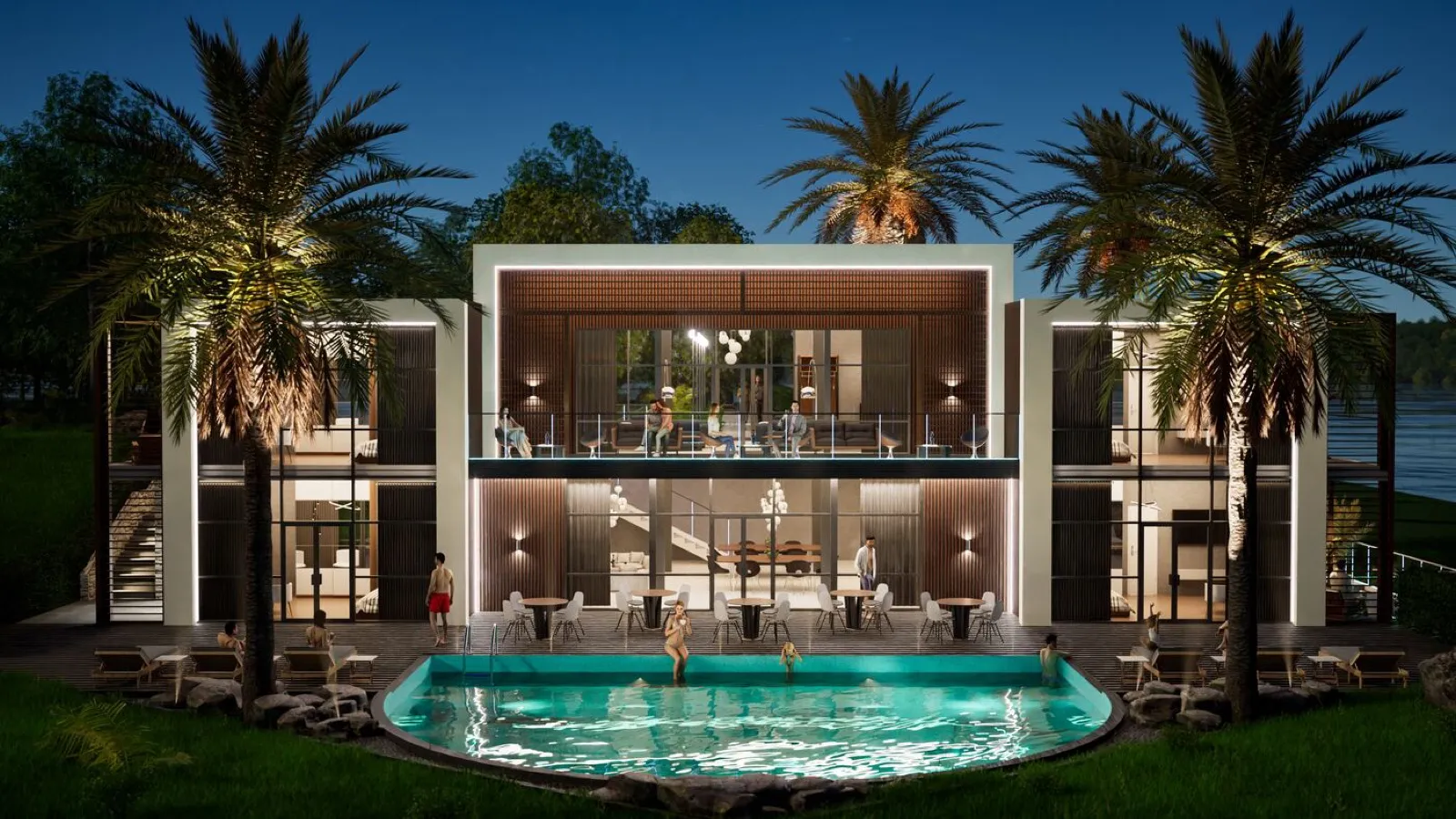 Villa 3 at dusk with interiors lit