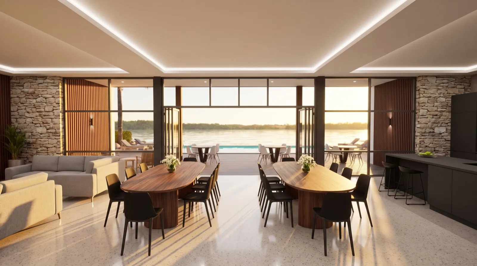 Villa 3 great hall dining zone with two oval tables