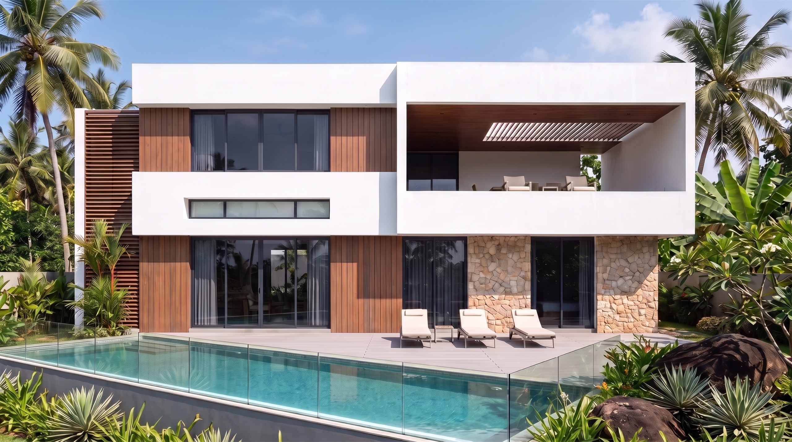 Villa 2.2 three-quarter view across the pool at midday