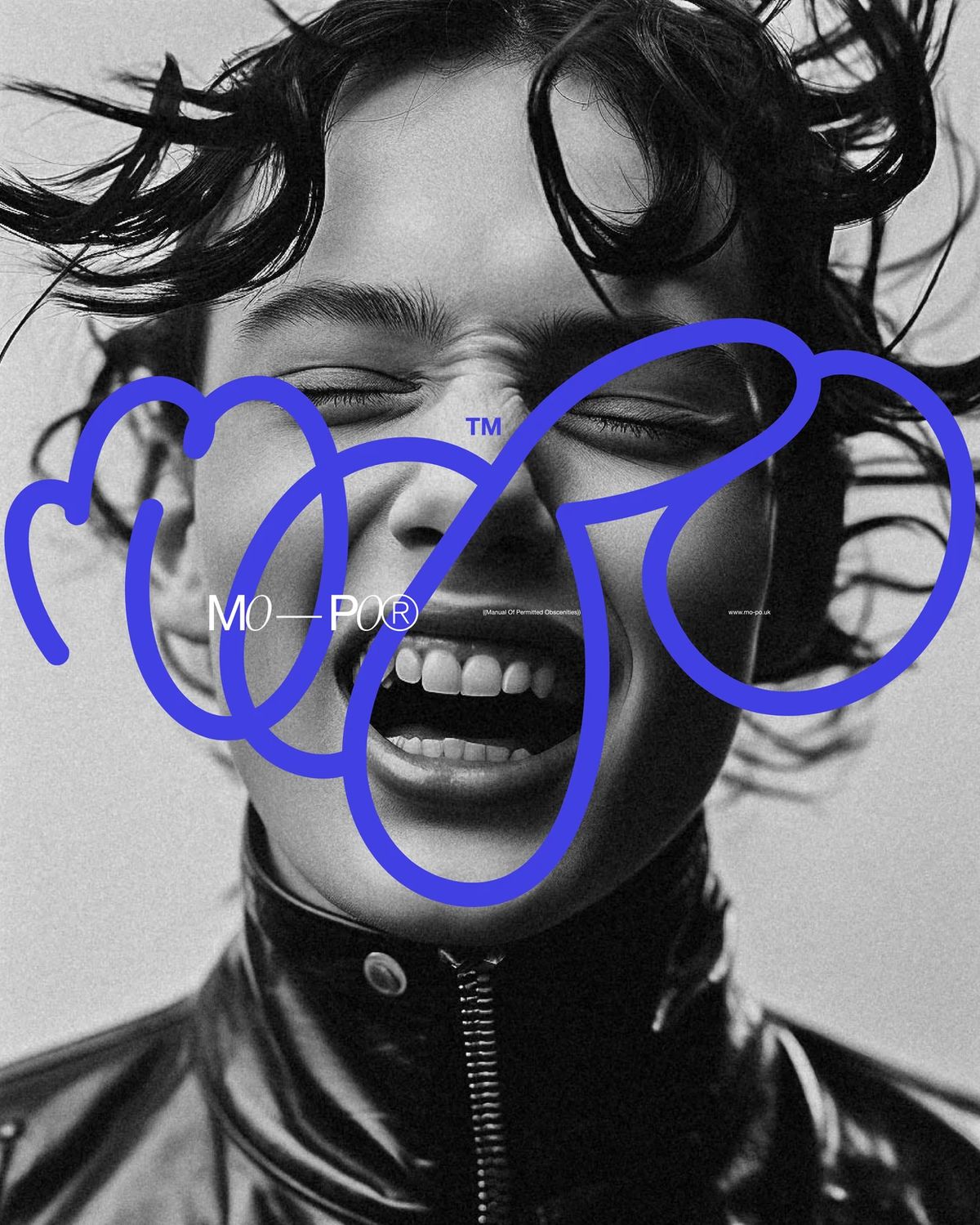 Black-and-white close-up of a person with eyes closed and mouth open, hair tousled and wearing a zipped leather jacket.